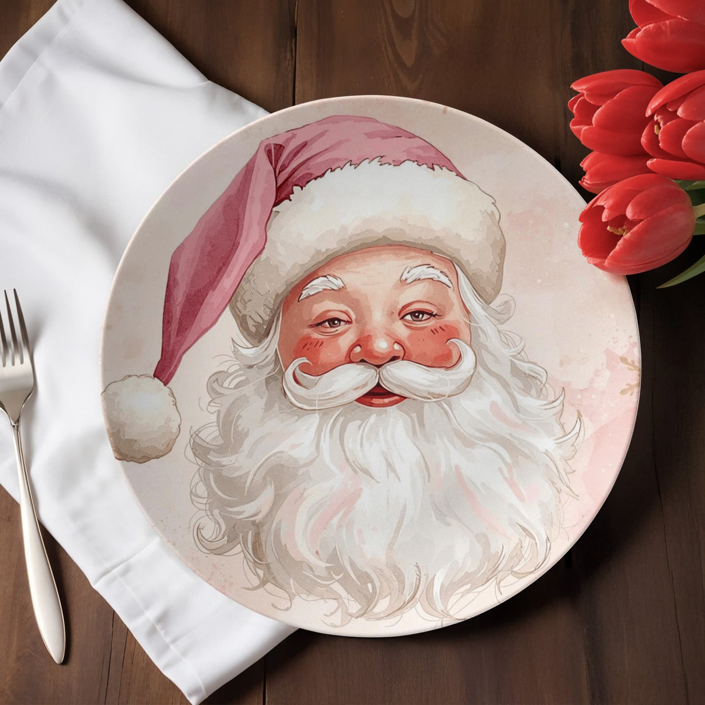 Close-up of 10-inch Christmas ceramic dinnerware showcasing the detailed Santa design. Dishwasher safe.