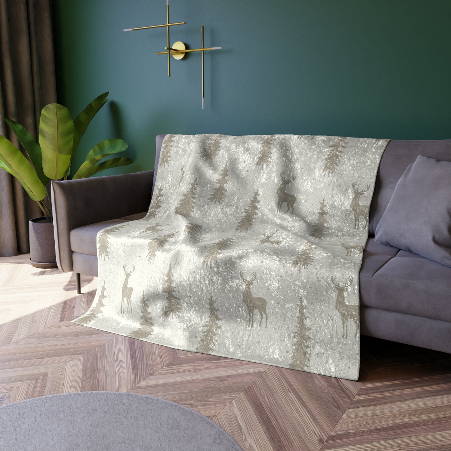 Crushed Velvet Deer & Forest Winter Throw Blanket