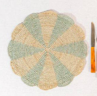 Pinwheel Blue Placemat, raffia tabletop