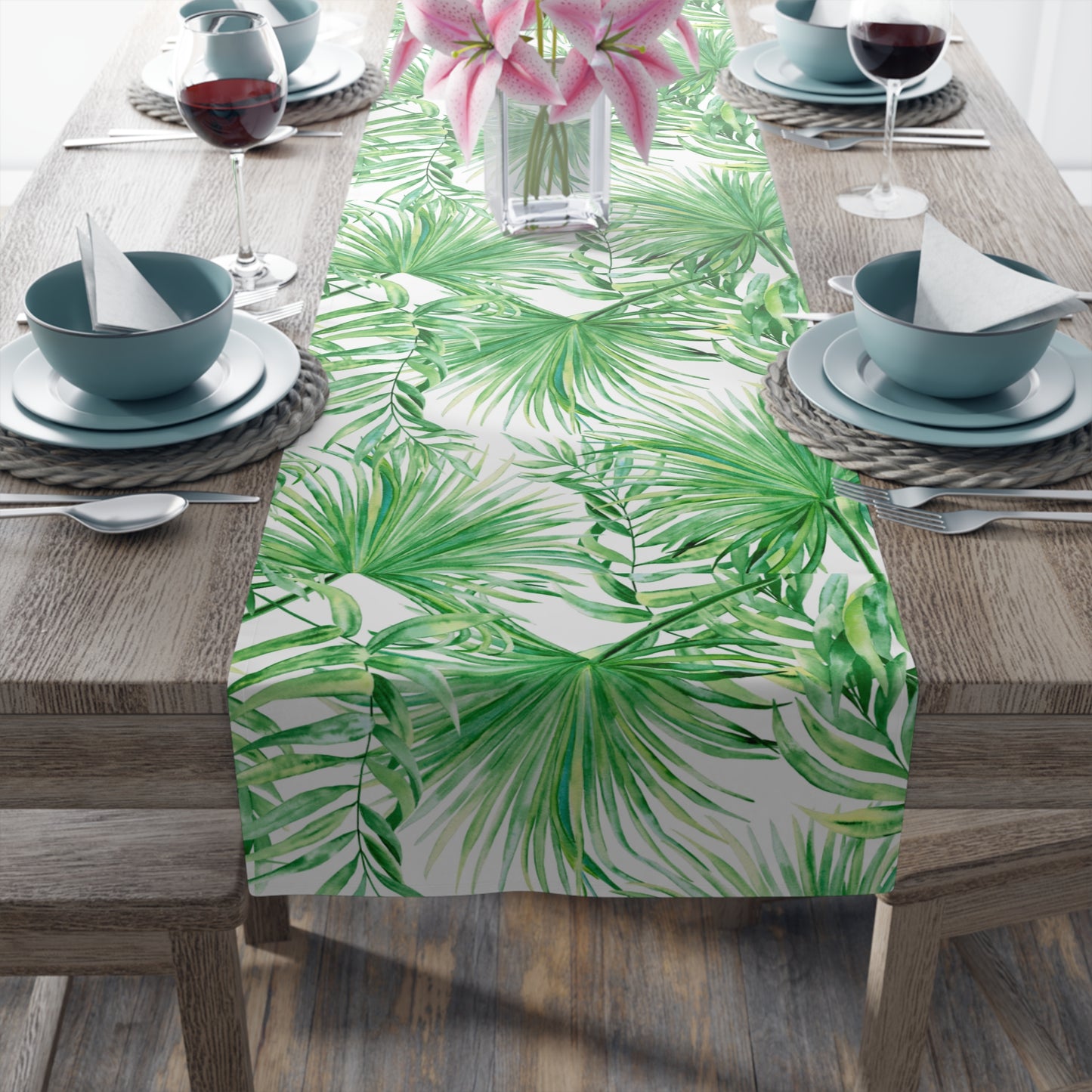 Tropical Palm Table Runner — Green Leaf Botanical Dining Decor