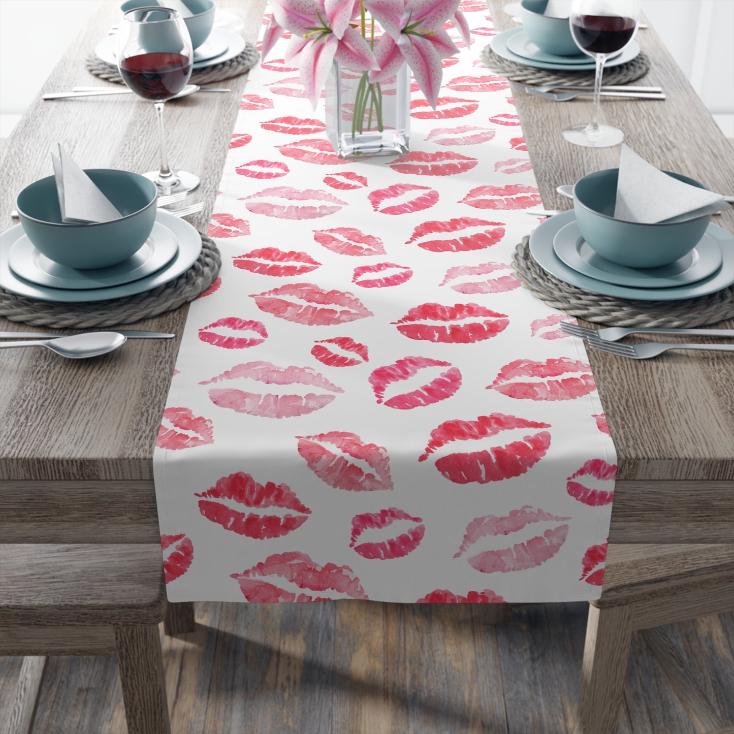 Kiss Print Table Runner — Romantic Lipstick Pattern for Valentine’s Day & Date Nights