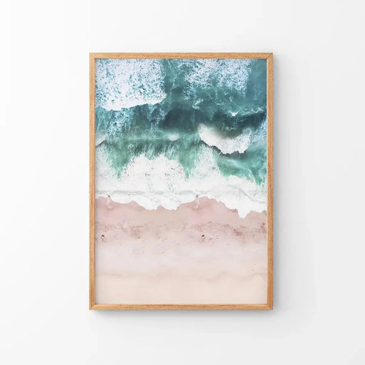 Aerial Coastal Ocean Wall Decor. Pink Beach, Blue Waves