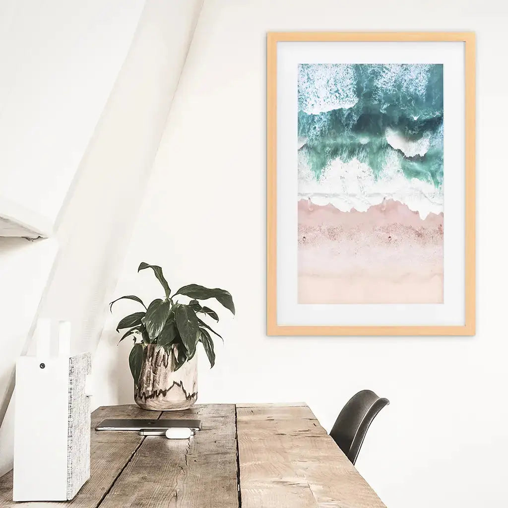 Aerial Coastal Ocean Wall Decor. Pink Beach, Blue Waves