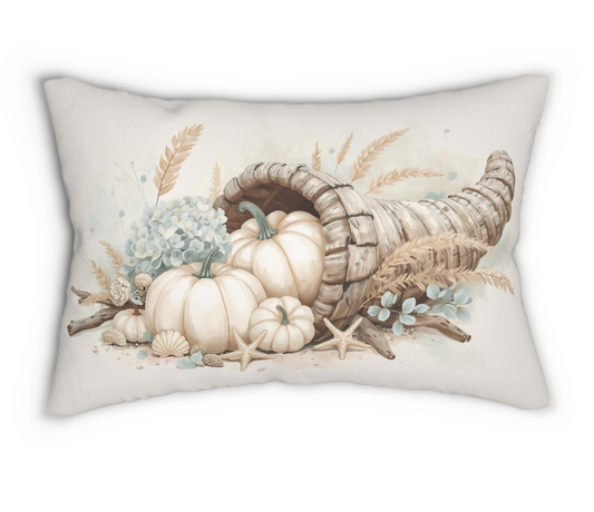 Coastal-themed autumn pillow for Thanksgiving decor, showcasing seashells, starfish, and pumpkins in warm seasonal colors.