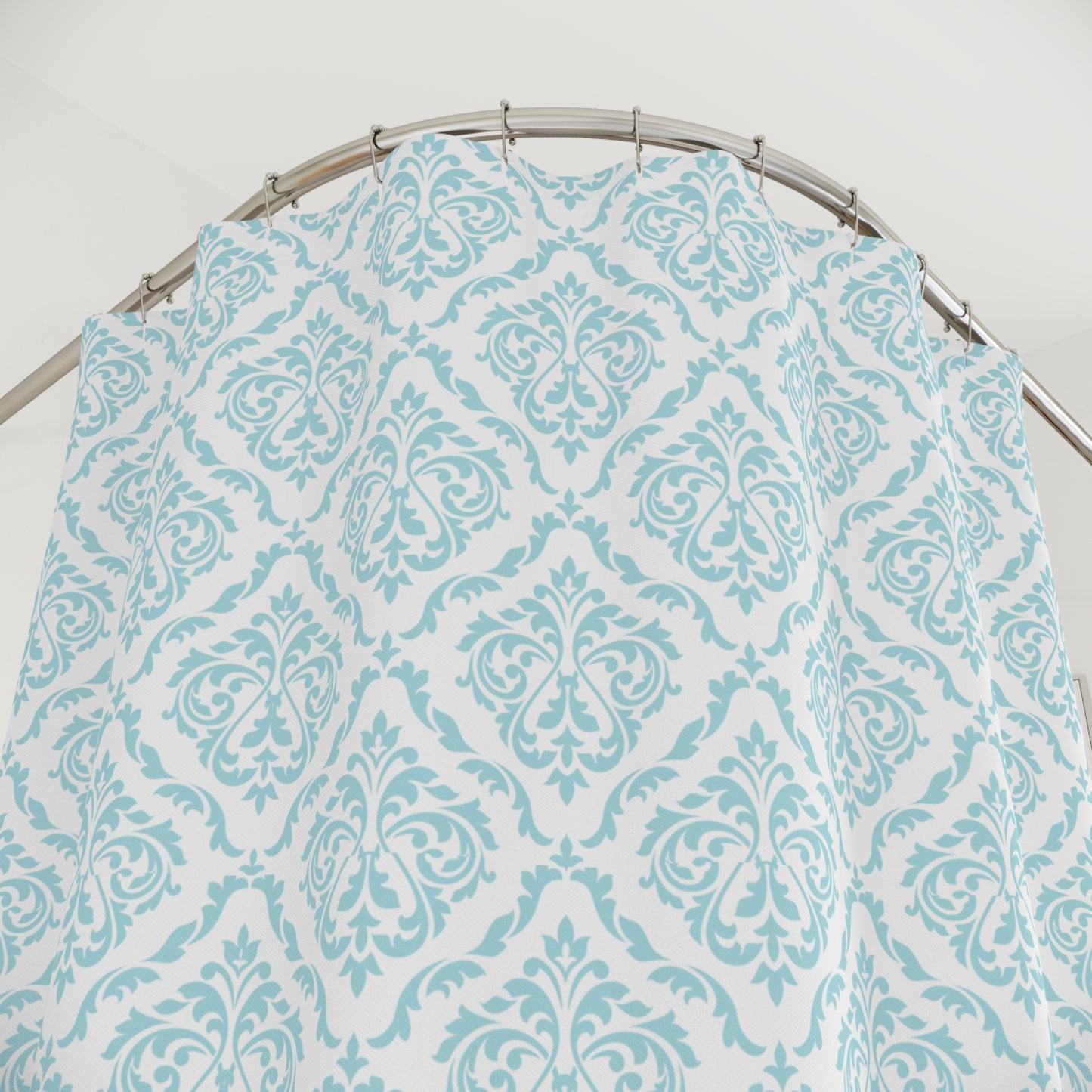 Elegant aqua damask shower curtain perfect for a coastal-style bathroom