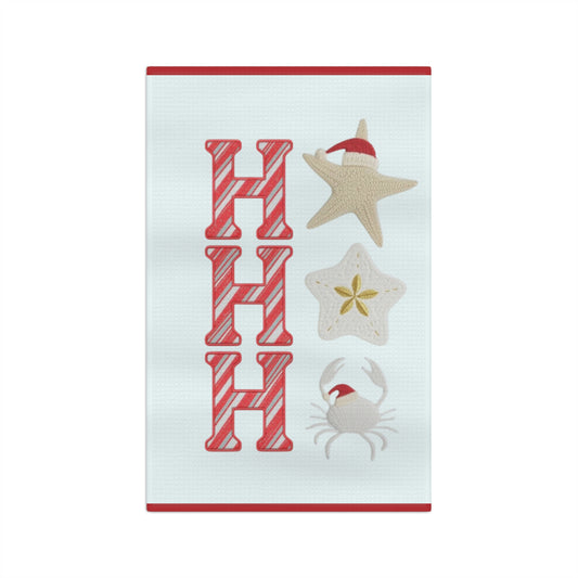 Coastal "Ho Ho Ho" Kitchen Towel | Crab, Starfish, Sand Dollar Nautical Christmas Tea Towel