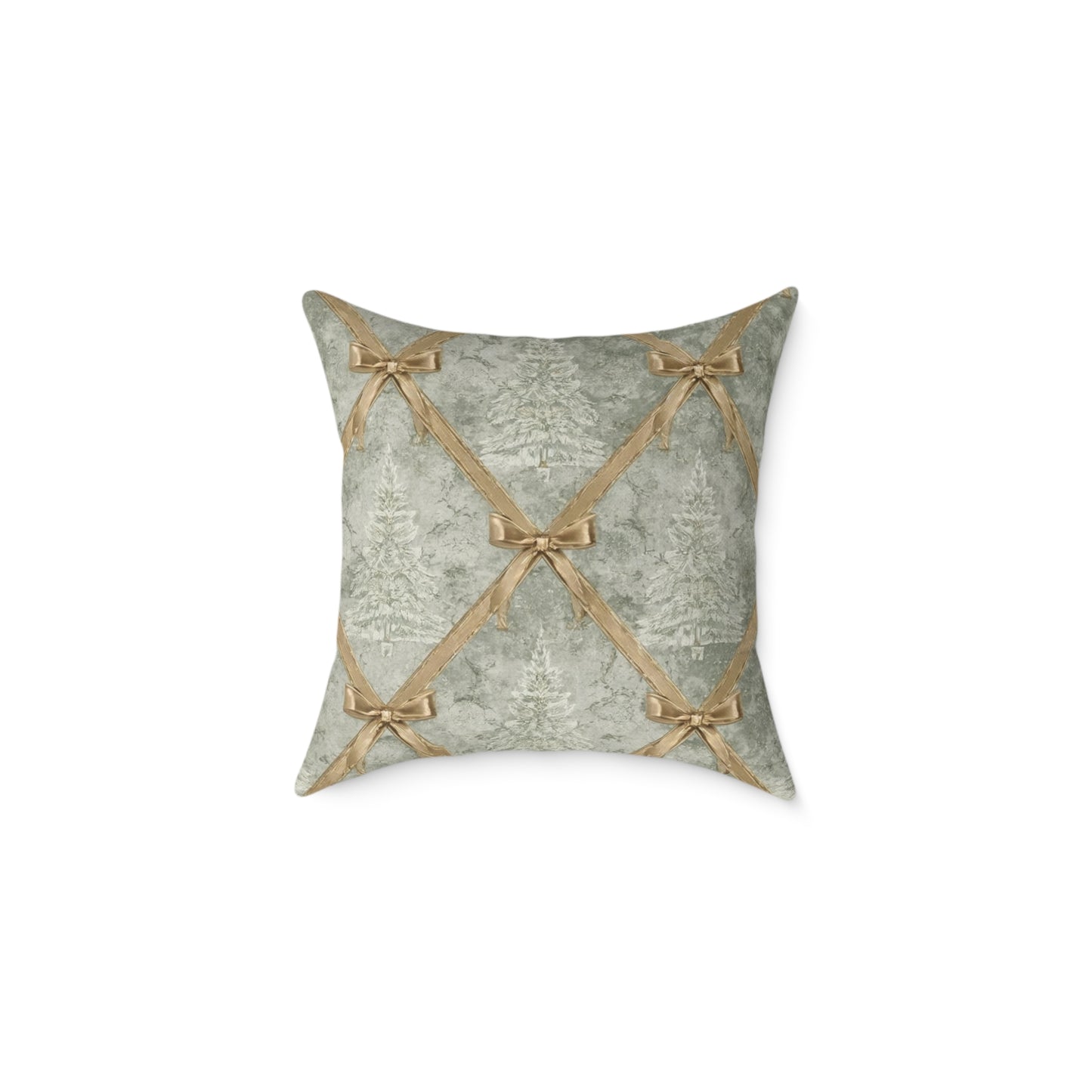 Square decorative throw pillow with an elegant green and gold ribbon lattice pattern over a frosted Christmas tree motif.