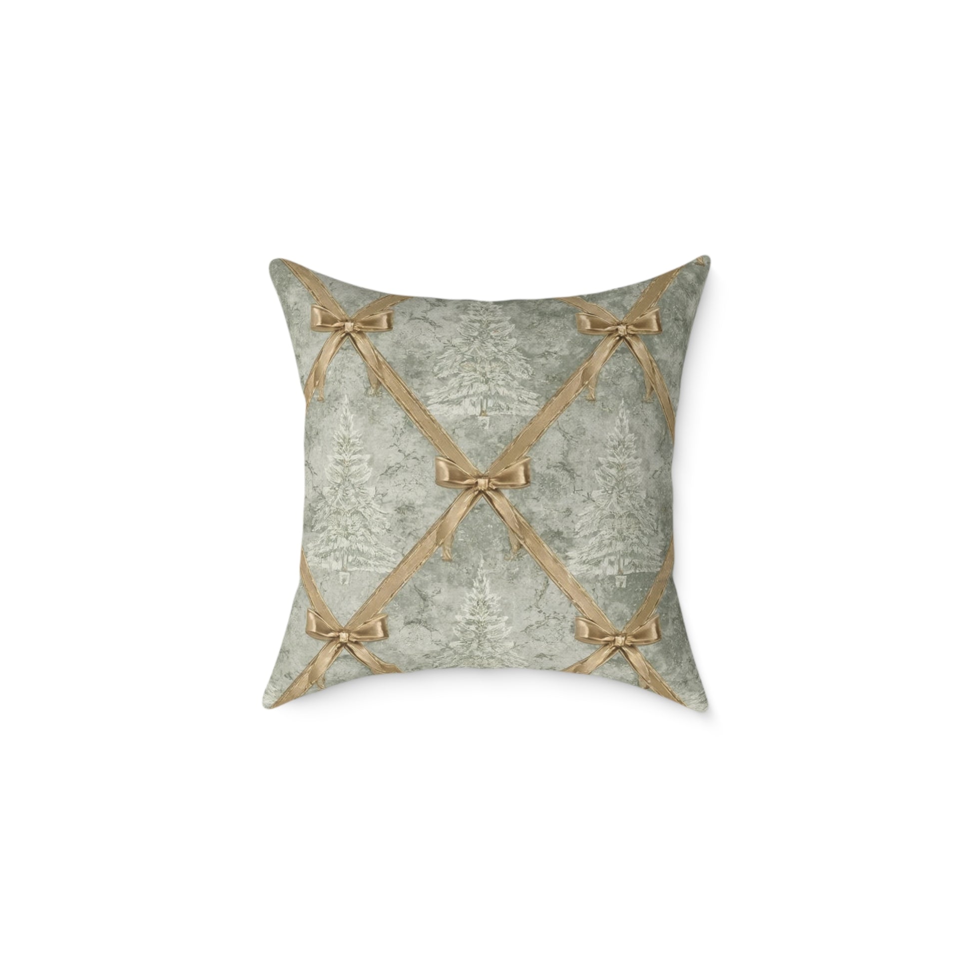 Square decorative throw pillow with an elegant green and gold ribbon lattice pattern over a frosted Christmas tree motif.