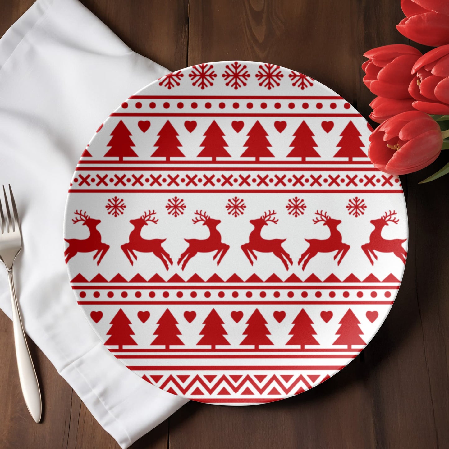 Red & White Fair Isle Reindeer Ceramic Dinner Plate 10 Inch | Nordic Christmas Dinnerware