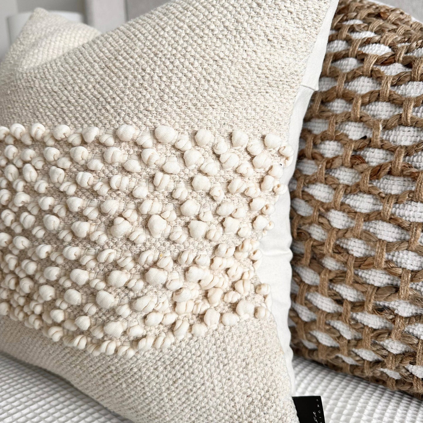 Boho Beige Corded Banded Pillow Cover