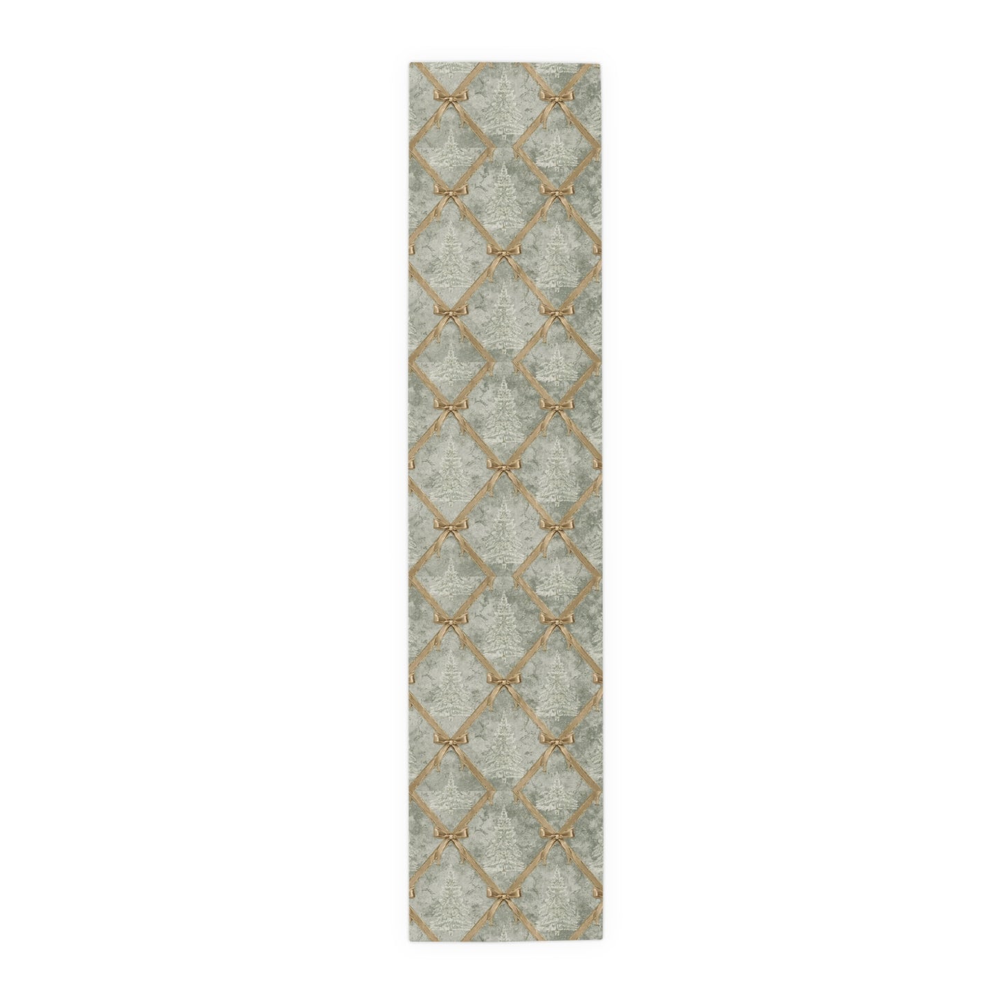 Elegant 72-inch holiday table scarf featuring a green and gold ribbon lattice pattern, perfect for a designer dining room centerpiece.