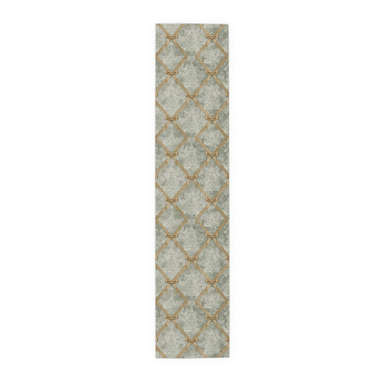Elegant 72-inch holiday table scarf featuring a green and gold ribbon lattice pattern, perfect for a designer dining room centerpiece.