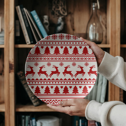 Red & White Fair Isle Reindeer Ceramic Dinner Plate 10 Inch | Nordic Christmas Dinnerware