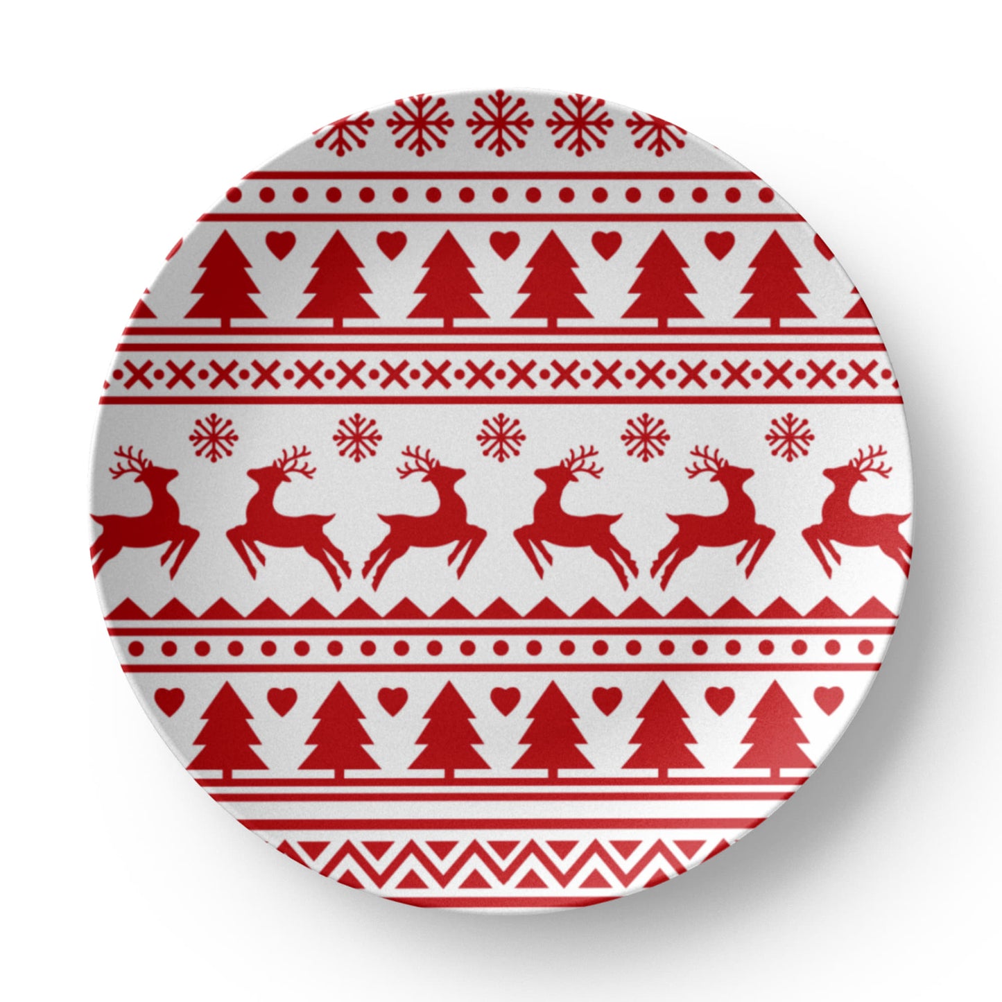 Red & White Fair Isle Reindeer Ceramic Dinner Plate 10 Inch | Nordic Christmas Dinnerware