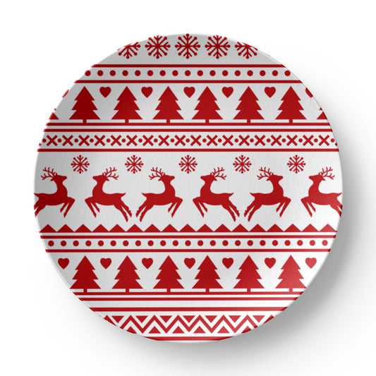 Red & White Fair Isle Reindeer Ceramic Dinner Plate 10 Inch | Nordic Christmas Dinnerware