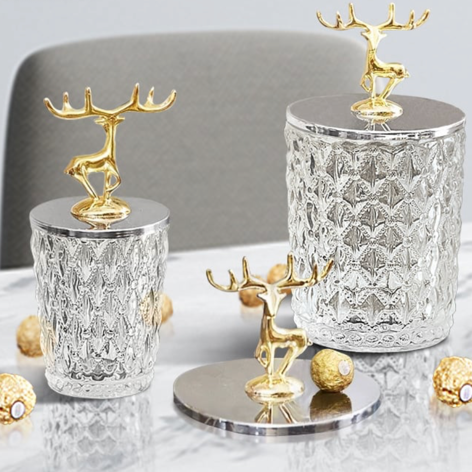 Glass Storage Jar with Gold Reindeer Lid