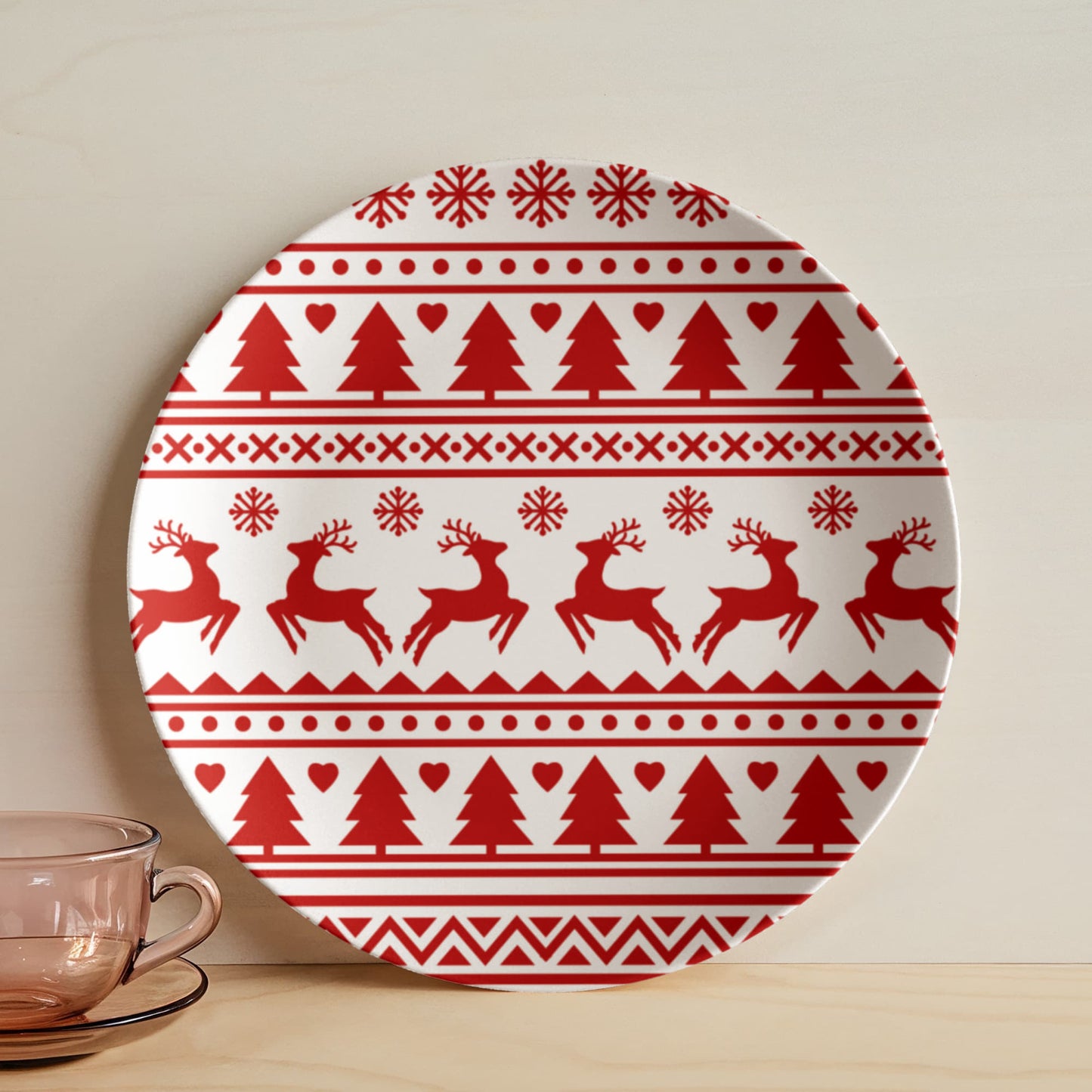 Red & White Fair Isle Reindeer Ceramic Dinner Plate 10 Inch | Nordic Christmas Dinnerware