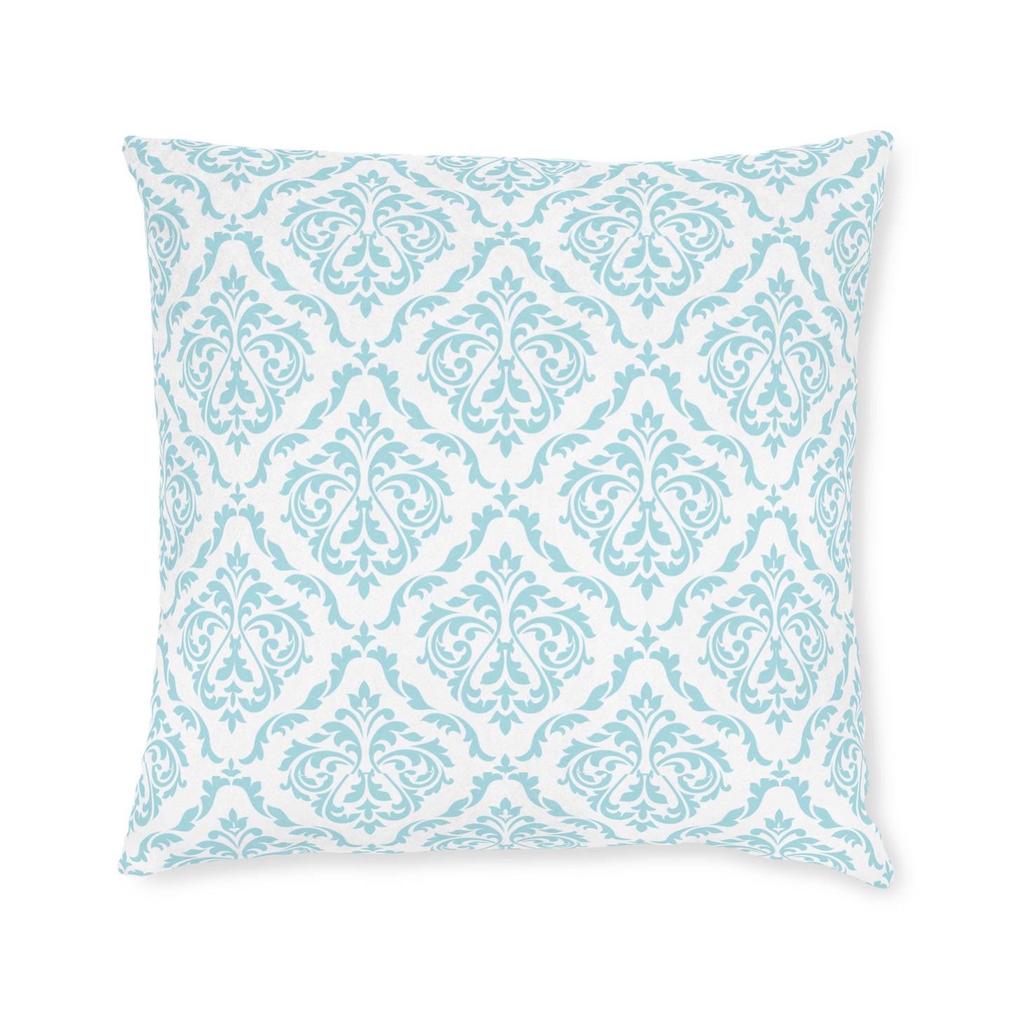 Soft aqua damask pillow adding coastal charm to living room decor