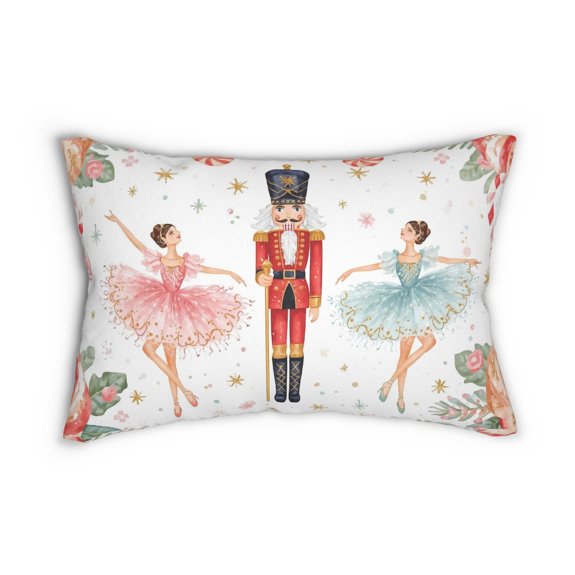 Ballerina and Nutcracker decorative pillow for holiday home accents. Features soft pastel art.