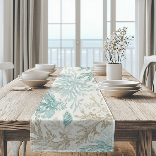 Beach house dining setup with coastal table runner