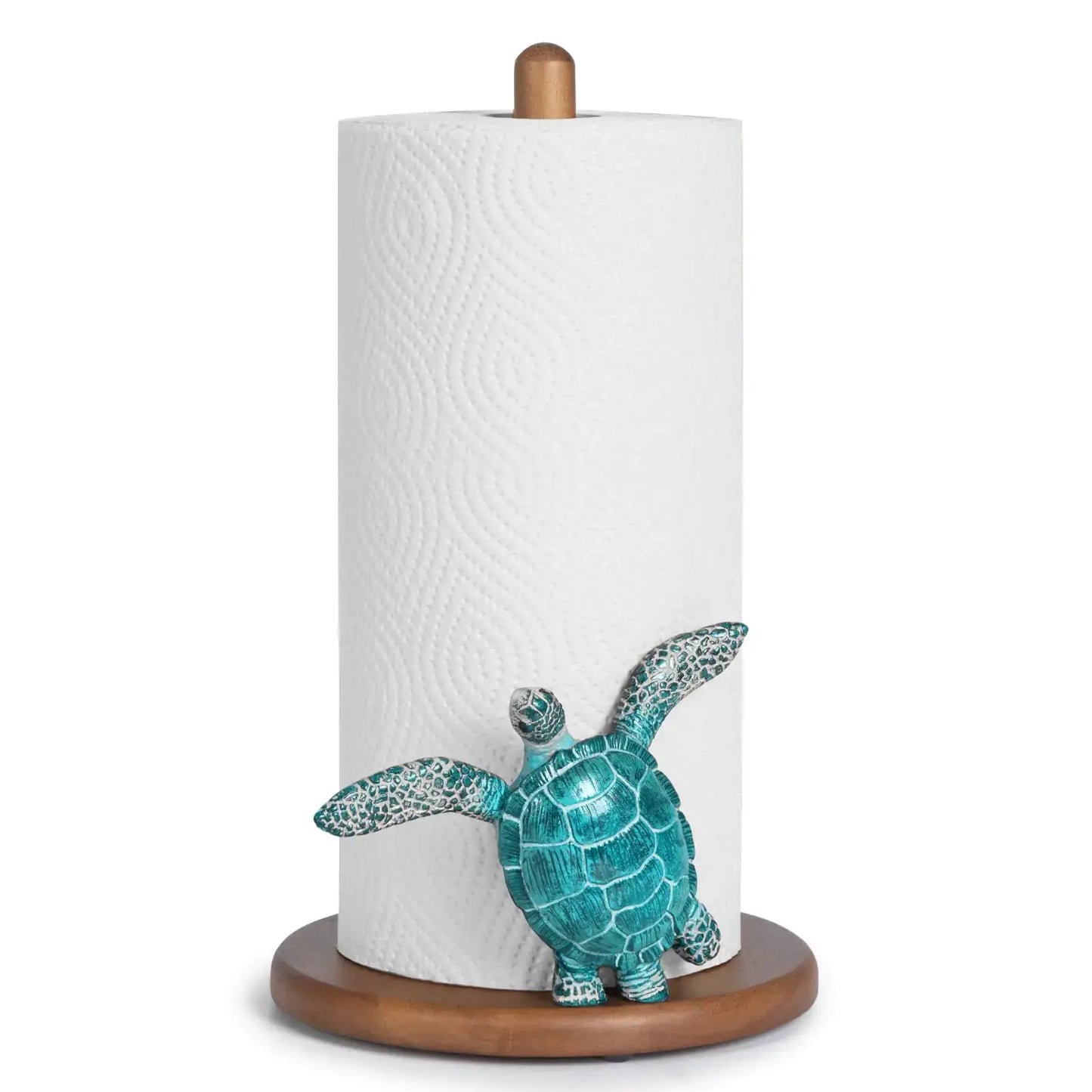 Turquoise turtle paper towel holder with a roll of paper towels on a white background