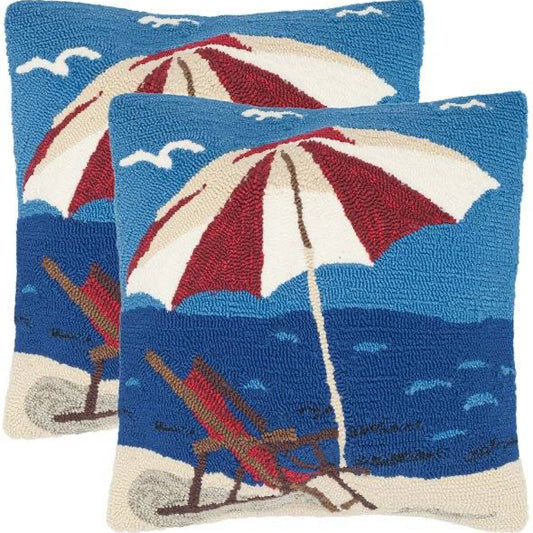 Beach Lounge Pillow 20x20 - Red & Blue Umbrella Chain Stitch Accent