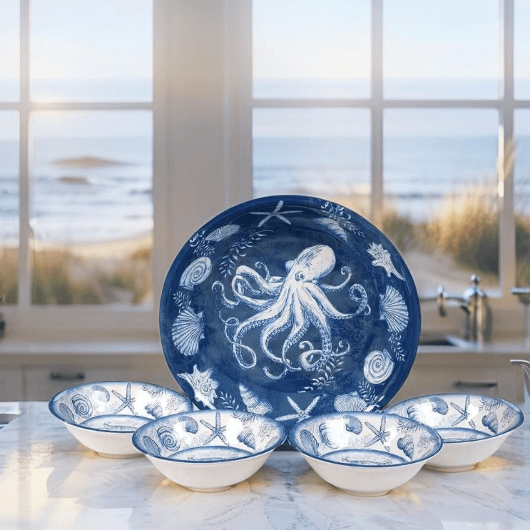 Durable blue and white melamine bowls with nautical starfish and sea shell graphics