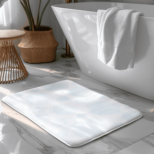 Soft coastal bath mat featuring a beachy seashell pattern, perfect for a seaside-inspired bathroom
