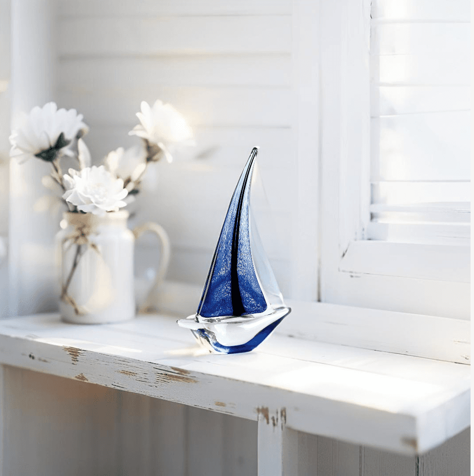 14 inch blue art glass sailboat sculpture for coastal home decor