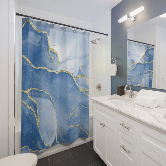 Blue coastal marble shower curtain with gold accents for modern bathrooms