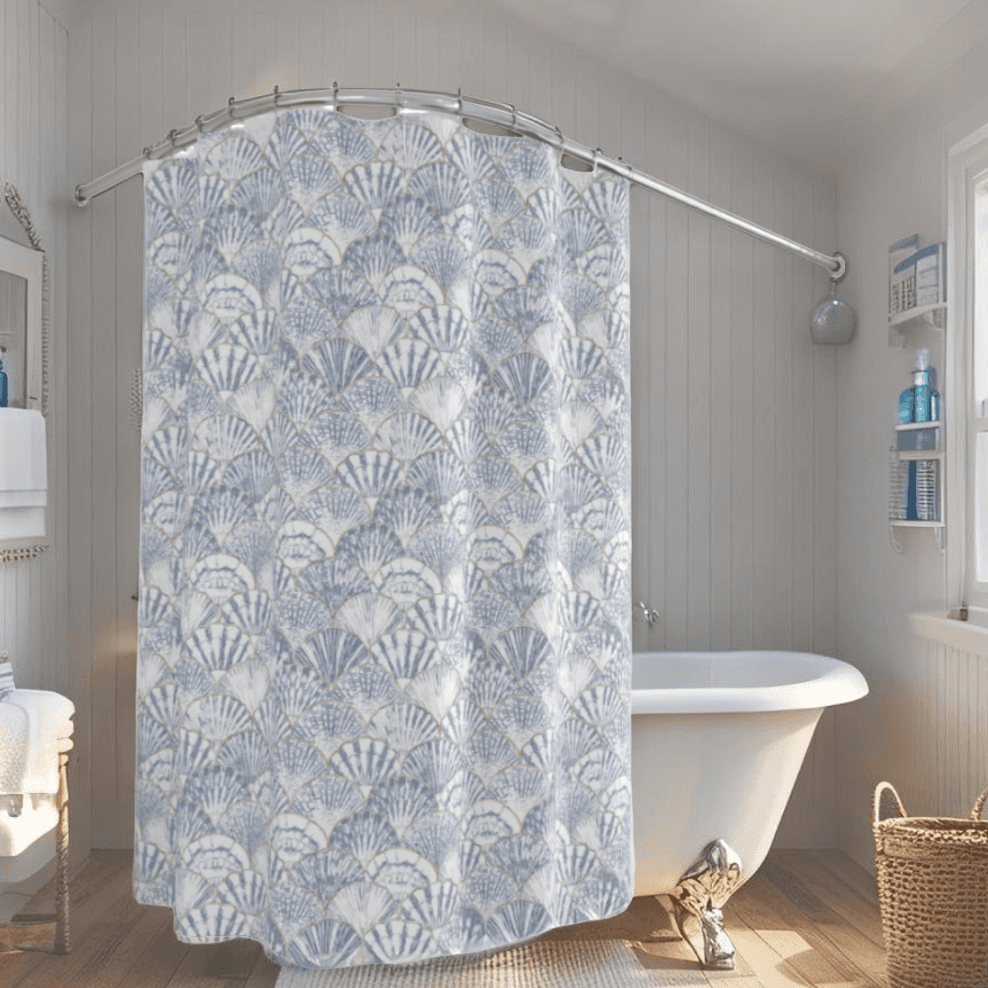 Nautical blue seashell shower curtain hanging in modern bathroom