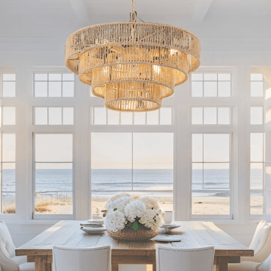 Bohemian style ceiling light fixture in a bright coastal living room