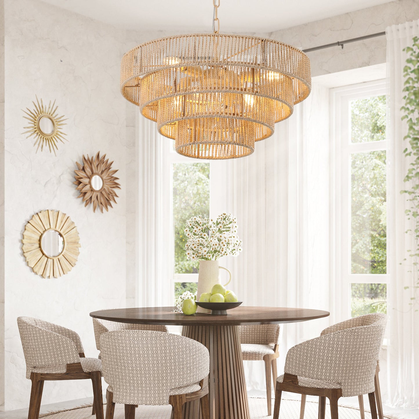 Bohemian rattan ceiling light above beach-inspired dining table