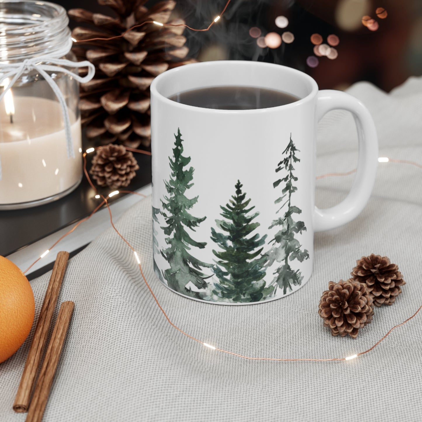 ceramic Christmas tree coffee mug on a white background, highlighting the festive design.