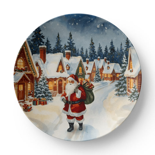 A 10-inch round ceramic dinner plate featuring a colorful, classic Santa Claus design. Perfect holiday dinnerware