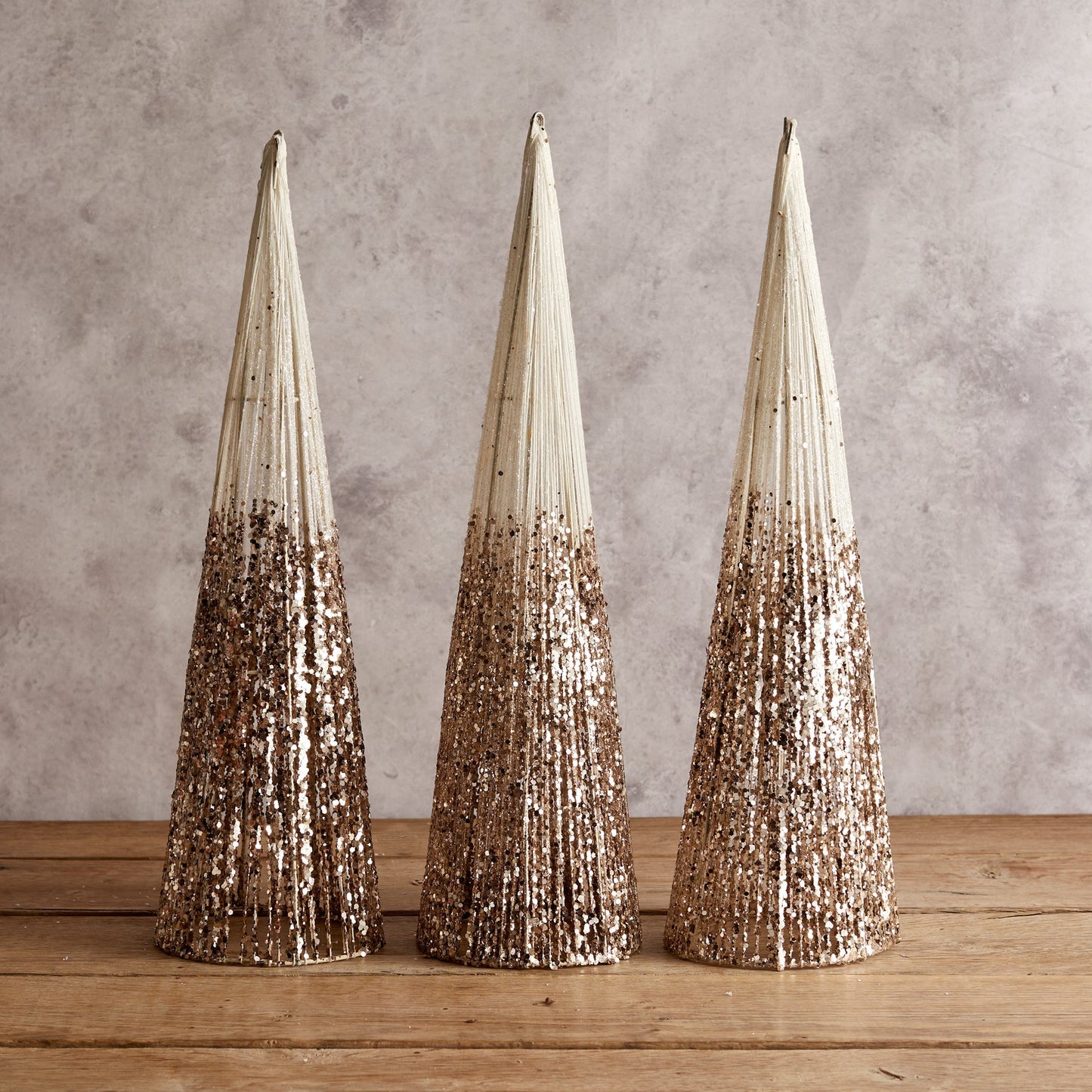 Set of 3 Champagne Gold Glitter Cone Trees for Rustic Glam Tabletop Christmas Decor.