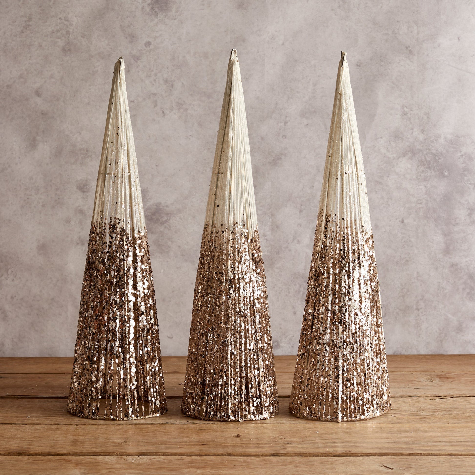 Set of 3 Champagne Gold Glitter Cone Trees for Rustic Glam Tabletop Christmas Decor.