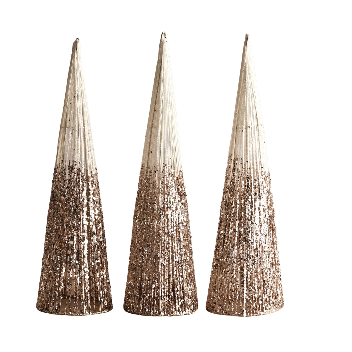 Champagne gold glitter cone tree set perfect for modern shelf Christmas decor.