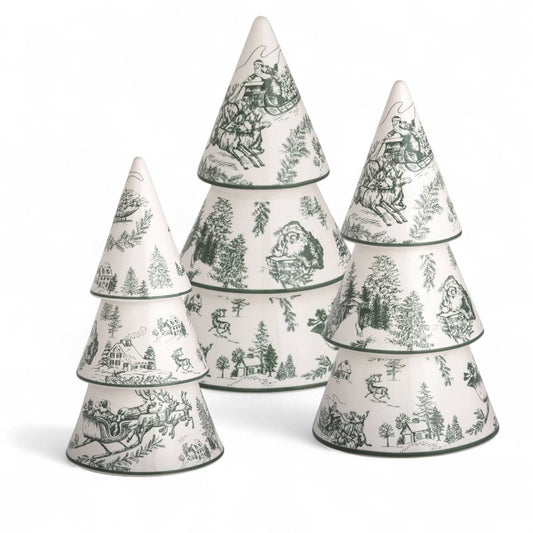 Hand-Painted Green Toile Ceramic Christmas Tree Sitters
