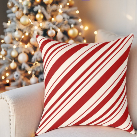 Classic red and white striped Christmas accent pillow in a farmhouse holiday setting.