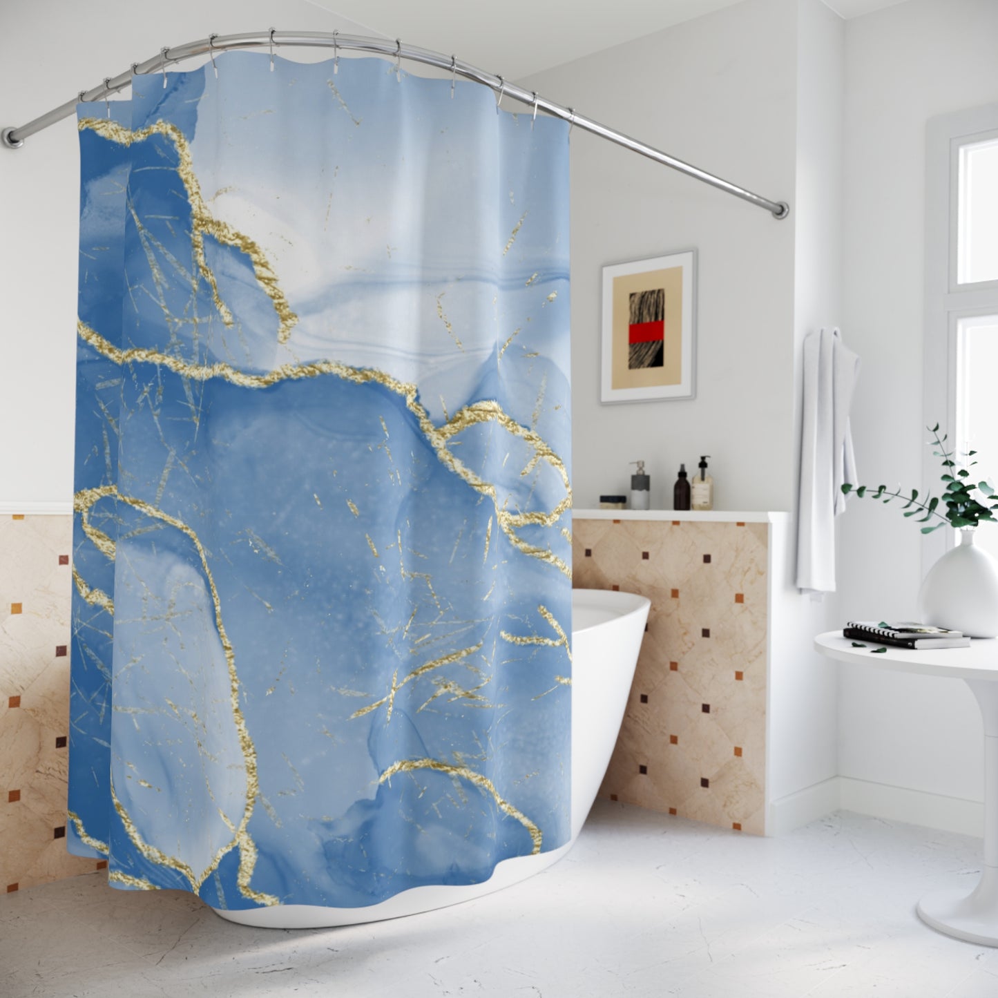 Beach house bathroom decor blue marble shower curtain