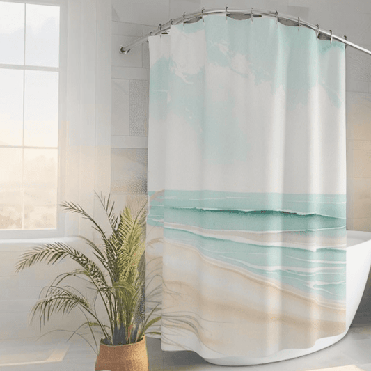 Coastal beach shower curtain featuring a soothing ocean theme for bathroom decor