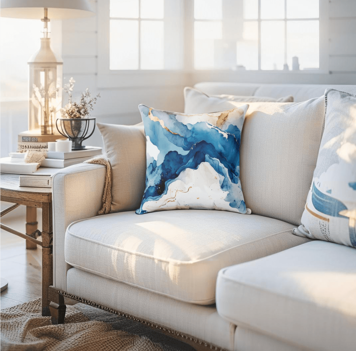 Coastal decor pillow with marble ocean wave print