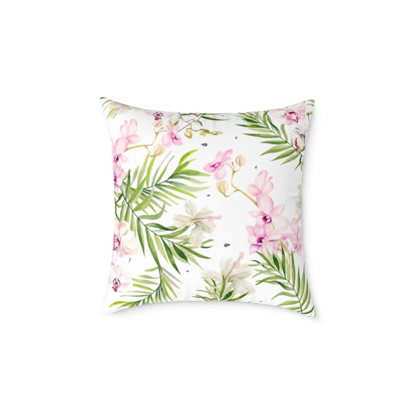 Coastal home decor pillow with green and pink floral tropical design.