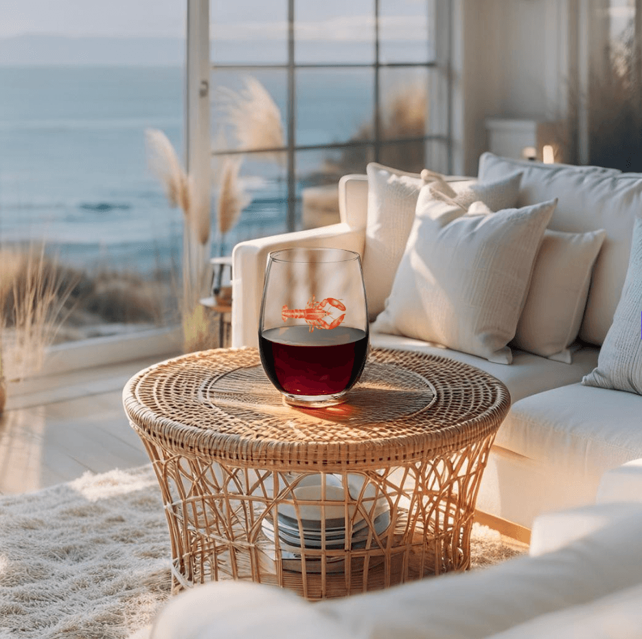 Coastal kitchen accessory – stemless wine glass with red lobster print