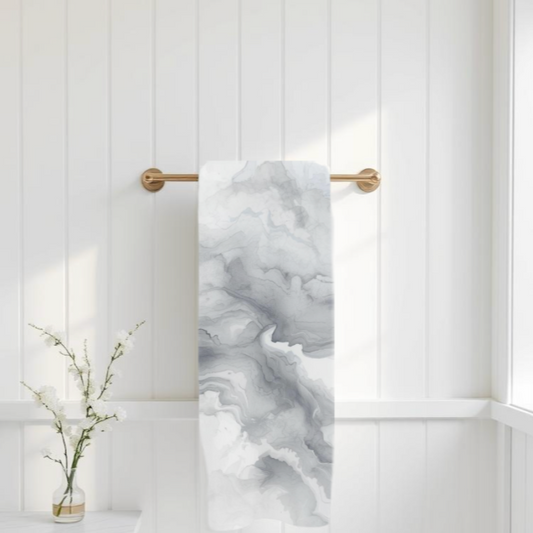Abstract Marble Bath Towel - Gray & White Watercolor Coastal Bathroom Decor