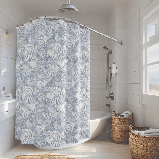 Coastal seashell shower curtain in a beach-themed bathroom