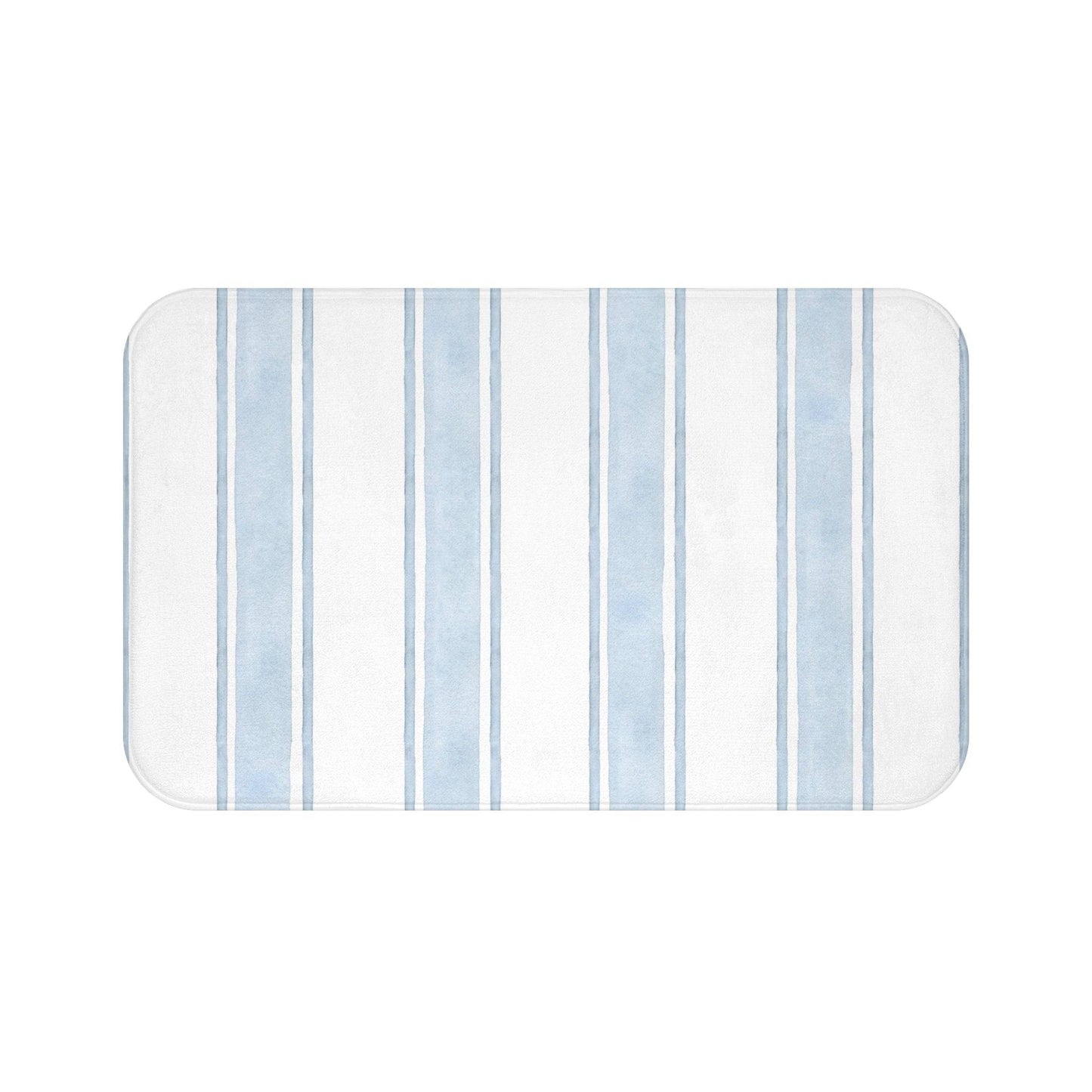 Nautical-inspired striped bath rug in light blue tones