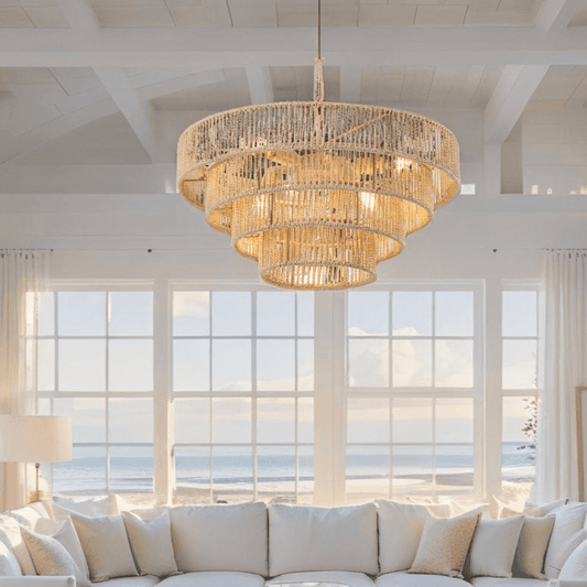 Coastal Woven Rattan Pendant Light - 19.7" Boho Beach House Ceiling Fixture in living room