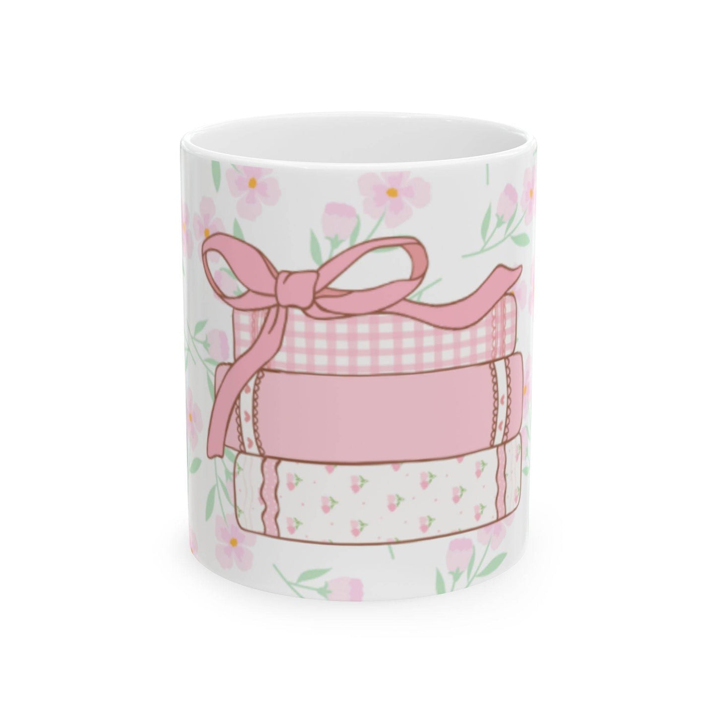 Detail of bow design on coquette coffee mug